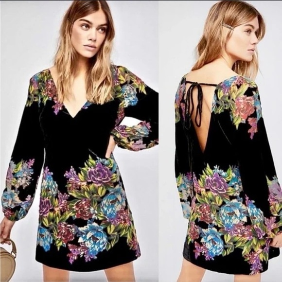 Free People Misha Burnout Black Velvet Mini Dress, Boho Witchy Floral, Size Sm - Picture 1 of 16